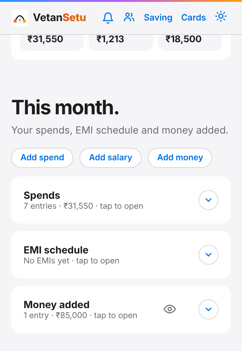 This Month screen with Add spend, Add salary and Add money buttons